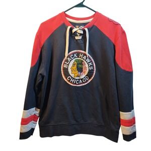 VTG Majestic Chicago Blackhawks Hockey Lace Up Sweatshirt Size MD No Cuffs‎ READ